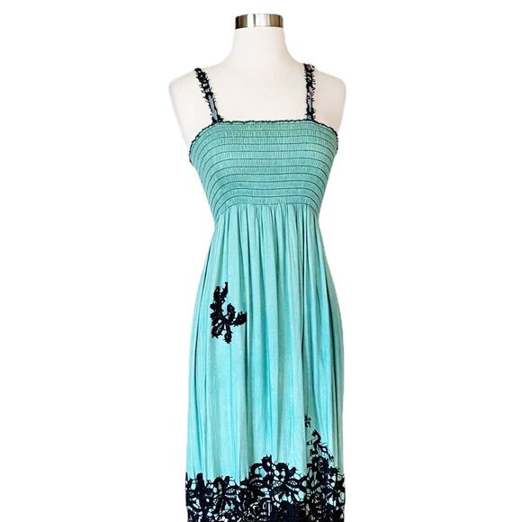 Resort Dress by T. ZOVICH Maxi Dress Mixed Media Green Floral V-Neck Spaguetti L - Picture 7 of 11
